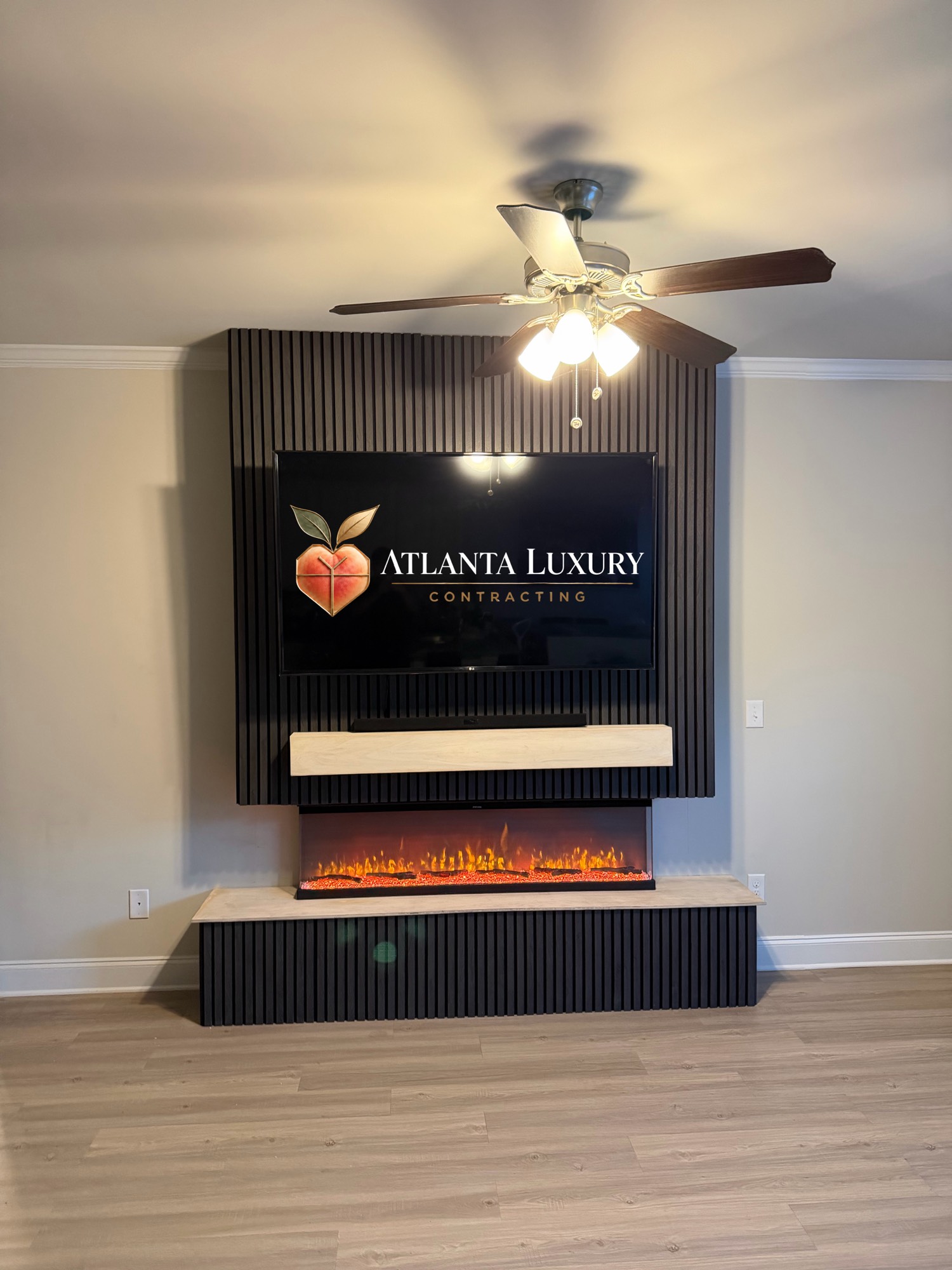 Acoustic Slat Media Wall Front View in Johns Creek